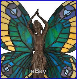 BLUE GREEN BUTTERFLY LADY Tiffany Style Stained Glass 17 Table Accent Lamp