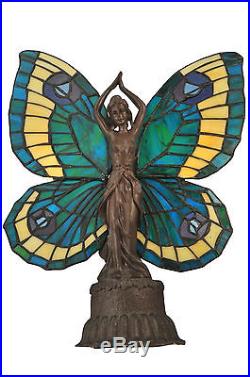 BLUE GREEN BUTTERFLY LADY Tiffany Style Stained Glass 17 Table Accent Lamp