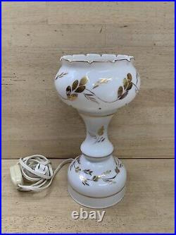 BOUDOIR TABLE LAMP MCM White Milk Glass Vintage Gold Leaves Art Deco Antique 11