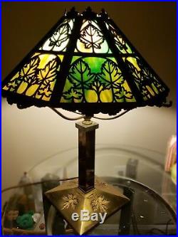 BRADLEY & HUBBARD B&H Bronze Slag Glass Table Lamp MAPLE Leaf Design Arts Crafts