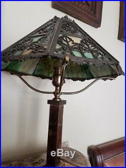 BRADLEY & HUBBARD B&H Bronze Slag Glass Table Lamp MAPLE Leaf Design Arts Crafts