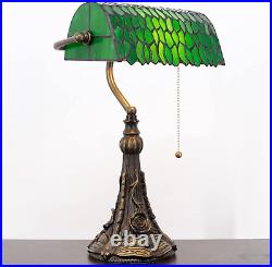 Banker Lamp Tiffany Table Desk Light Green Leaves Style Stained Glass 15 Tall