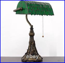 Banker Lamp Tiffany Table Desk Light Green Leaves Style Stained Glass 15 Tall