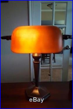 Bankers Desk Lamp Vintage Antique Bronze Amber Glass Shade Light Art Deco Table