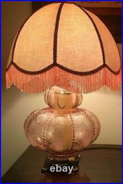 Beaded Floral Victorian Pink Table Lamp & Shade -Vintage Mid 20th Century 3 Way