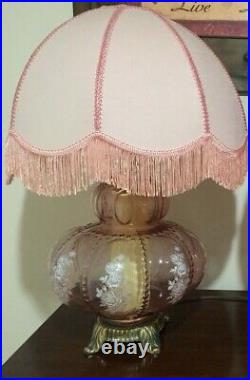 Beaded Floral Victorian Pink Table Lamp & Shade -Vintage Mid 20th Century 3 Way