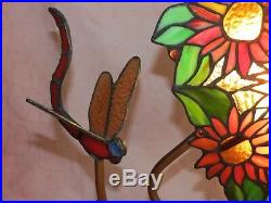 Beautiful Ambiance Tiffany Style Stained Glass Dragonfly & Sunflowers Lamp