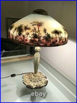 Beautiful Antique Reverse Painted Scenic Jungle Glass Table Lamp Circa 1900