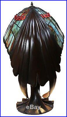 Beautiful Flying Lady Lamp, Tiffany Style Stain Glass, Tiger's Eye Wings, 26 in