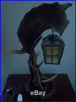 Black Forest Vintage OOAK Genuine Moose & Deer Antler Stained Glass Table Lamp