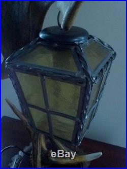 Black Forest Vintage OOAK Genuine Moose & Deer Antler Stained Glass Table Lamp
