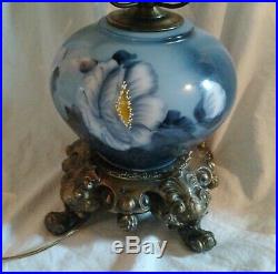 Blue Floral Hand Painted Gone With The Wind 3 Way Hurricane Glass Table Lamp