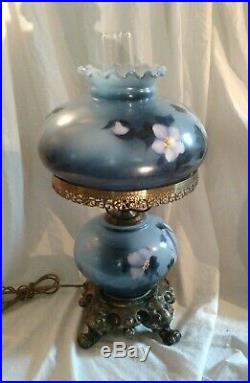 Blue Floral Hand Painted Gone With The Wind 3 Way Hurricane Glass Table Lamp