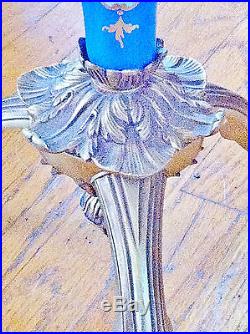 Blue French Sevres Style Brass Porcelain Pedestal Lamp, Starred Glass Table Top