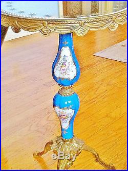 Blue French Sevres Style Brass Porcelain Pedestal Lamp, Starred Glass Table Top