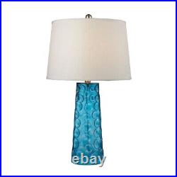 Blue Table Lamp Made Of Glass With A Pure White Linen Shade With A 3-Way Switch