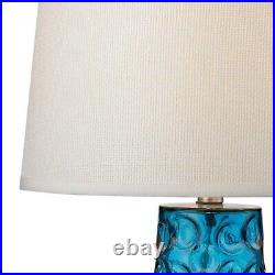 Blue Table Lamp Made Of Glass With A Pure White Linen Shade With A 3-Way Switch