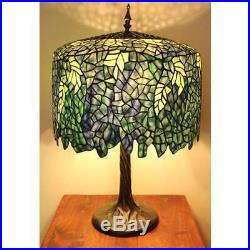 Blue Wisteria Tiffany Style Table Lamp/w Tree Trunk Base Handcrafted 18 Shade