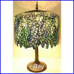 Blue Wisteria Tiffany Style Table Lamp/w Tree Trunk Base Handcrafted 18 Shade