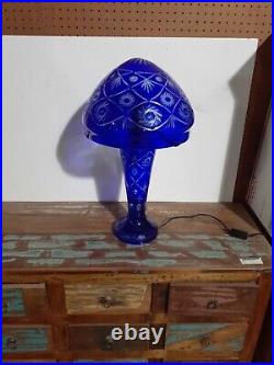 Bohemian Style Cut to Clear Glass Table Lamp with Lighted Base Cobalt Blue