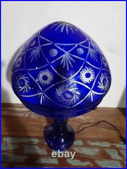 Bohemian Style Cut to Clear Glass Table Lamp with Lighted Base Cobalt Blue