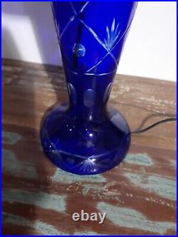 Bohemian Style Cut to Clear Glass Table Lamp with Lighted Base Cobalt Blue