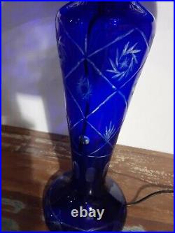 Bohemian Style Cut to Clear Glass Table Lamp with Lighted Base Cobalt Blue