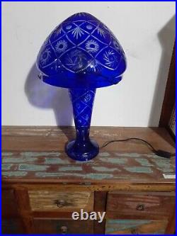 Bohemian Style Cut to Clear Glass Table Lamp with Lighted Base Cobalt Blue