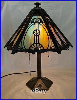 Bradley & Hubbard Cast Bronze Table Lamp w Hexagonal Metal Overlay Slag Shade
