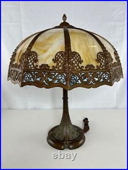 Bronze Base Slag Glass Table Lamp Handel Tiffany Era