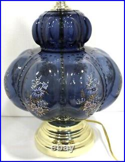 CARL FALKENSTEIN Table Lamp Dark Blue Floral Bubble Hollywood Regency MCM 3 Way