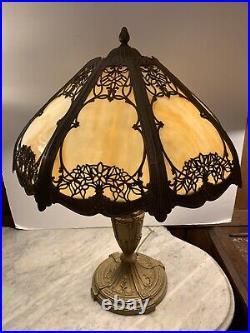 Ca. 1900 Curved Slag Glass table lamp on gold decorated base