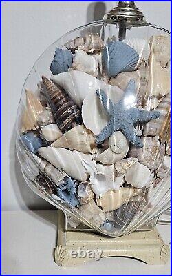 Clam Shell Table Lamp Filled With Shells 3-Way Glass Clear MCM 19x12x7 TESTED