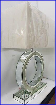 Clear Diamond Crush Circle Silver Mirrored Table Lamp White Faux Silk Shade 68cm