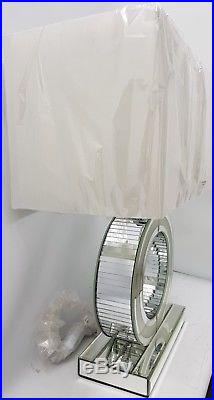 Clear Diamond Crush Circle Sparkly Silver Mirrored Table Lamp WhiteShade 53cm