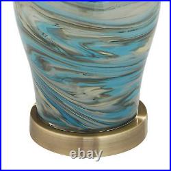 Coastal Table Lamp 26 High Blue Swirl Art Glass White Drum Shade Living Room