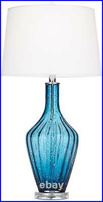 Coastal Table Lamp Blue Glass Fluted Vase White for Living Room Bedroom