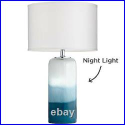 Coastal Table Lamp with Nightlight LED Blue Art Glass Column White Drum Bedroom