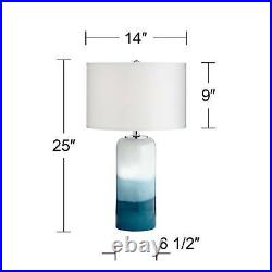 Coastal Table Lamp with Nightlight LED Blue Art Glass Column White Drum Bedroom