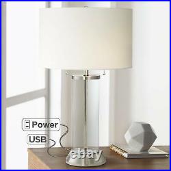 Coastal Table Lamp with USB Silver Clear Glass Column for Living Room Bedroom