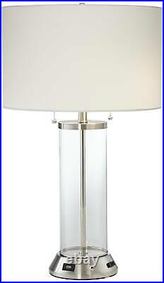 Coastal Table Lamp with USB Silver Clear Glass Column for Living Room Bedroom