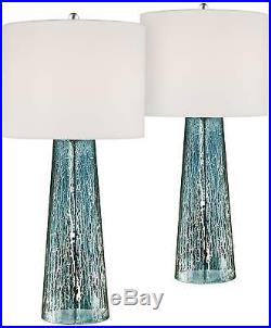 Coastal Table Lamps Set of 2 Blue Mercury Glass Column for Living Room Bedroom