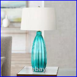 Coastal Table Lamps Set of 2 Fluted Blue Glass for Living Room Family Bedroom