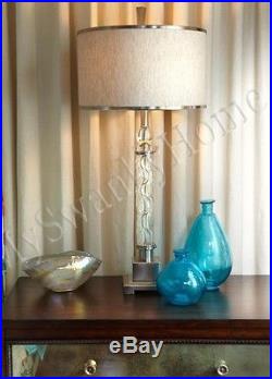 Contemporary CARVED GLASS Table Lamp PAIR Set Chrome Nickel NEIMAN MARCUS Modern