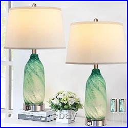 Contemporary Lake Glass Table Lamp with 2 USB Ports, 24.5'' Bedside Lamps Green