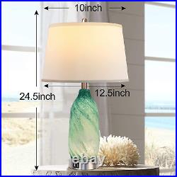 Contemporary Lake Green Glass Table Lamp with 2 USB Ports, 24.5'' Bedside Lamps