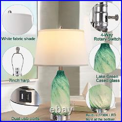 Contemporary Lake Green Glass Table Lamp with 2 USB Ports, 24.5'' Bedside Lamps