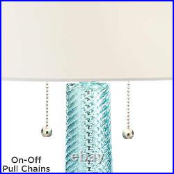 Contemporary Table Lamp with USB Port Aqua Blue Glass Drum Shade for Living Room