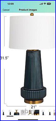 Creative Co-Op Ribbed Glass Table Lamp with Tapered Drum Shade, Deep Blue