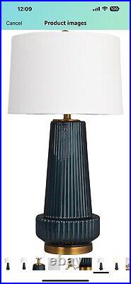 Creative Co-Op Ribbed Glass Table Lamp with Tapered Drum Shade, Deep Blue